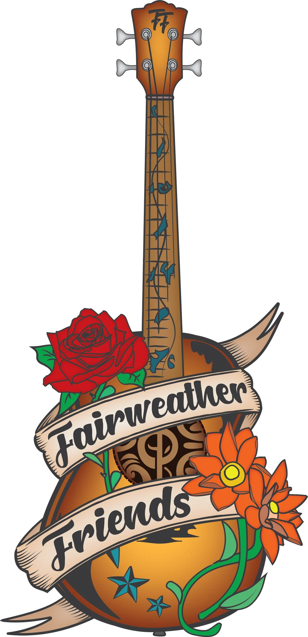 Logo van Fairweather Friends: een gitaar met een roos, bloemen, sterren en een lint met de bandnaam